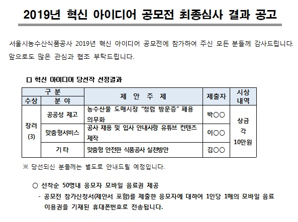 2019년 혁신 아이디어 공모전 최종심사 결과 공고, 자세한 내용은 다음에서 확인