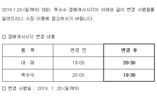 대파, 옥수수 경매개시시각 변경 시행 알림, 자세한 내용은 다음에서 확인