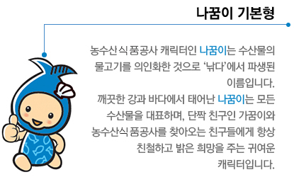 나꿈이 기본형 - 농수산물공사 캐릭터인 나꿈이는 수산물의 물고기를 의인화한 것으로 ‘낚다’에서 파생된 이름입니다. 깨끗한 강과 바다에서 태어난 나꿈이는 모든 수산물을 대표하며, 단짝 친구인 가꿈이와 농수산물공사를 찾아오는 친구들에게 항상 친철하고 밝은 희망을 주는 귀여운 캐릭터입니다.