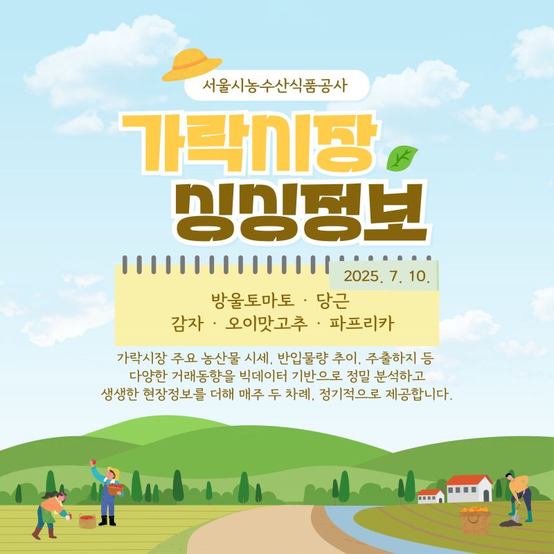 가락시장 싱싱정보 2025. 7. 10. 표지 이미지. 서울시농수산식품공사에서 제공하는 주요 농산물(방울토마토, 당근, 감자, 오이맛고추, 파프리카) 시세, 반입물량, 거래동향 및 현장 정보를 주 2회 제공함을 알리는 홍보물