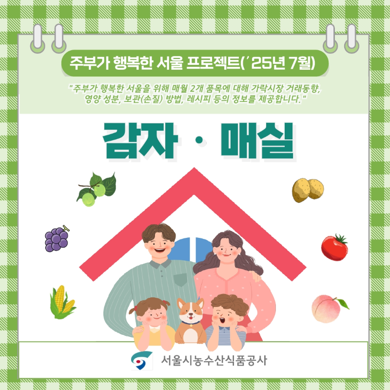 주부가 행복한 서울 프로젝트 2025년 7월 표지. '주부가 행복한 서울을 위해 매월 2개 품목에 대해 가락시장 거래동향, 영양 성분, 보관(손질) 방법, 레시피 등의 정보를 제공합니다.'라는 문구와 함께 7월의 품목인 감자와 매실이 강조되어 있습니다. 중앙에는 주택 모양의 프레임 안에 행복한 가족과 반려견의 모습이 그려져 있으며, 서울시농수산식품공사 로고가 있습니다.