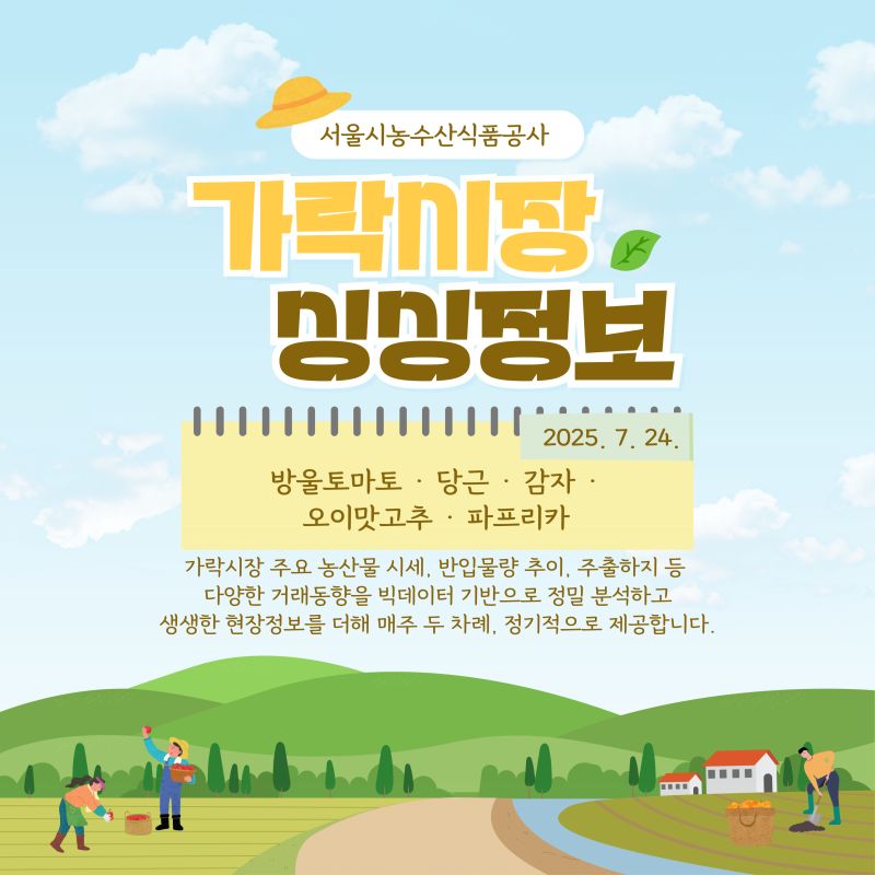 가락시장 싱싱정보 2025. 7. 24. 표지 이미지. 서울시농수산식품공사에서 제공하는 주요 농산물(방울토마토, 당근, 감자, 오이맛고추, 파프리카) 시세, 반입물량, 거래동향 및 현장 정보를 주 2회 제공함을 알리는 홍보물