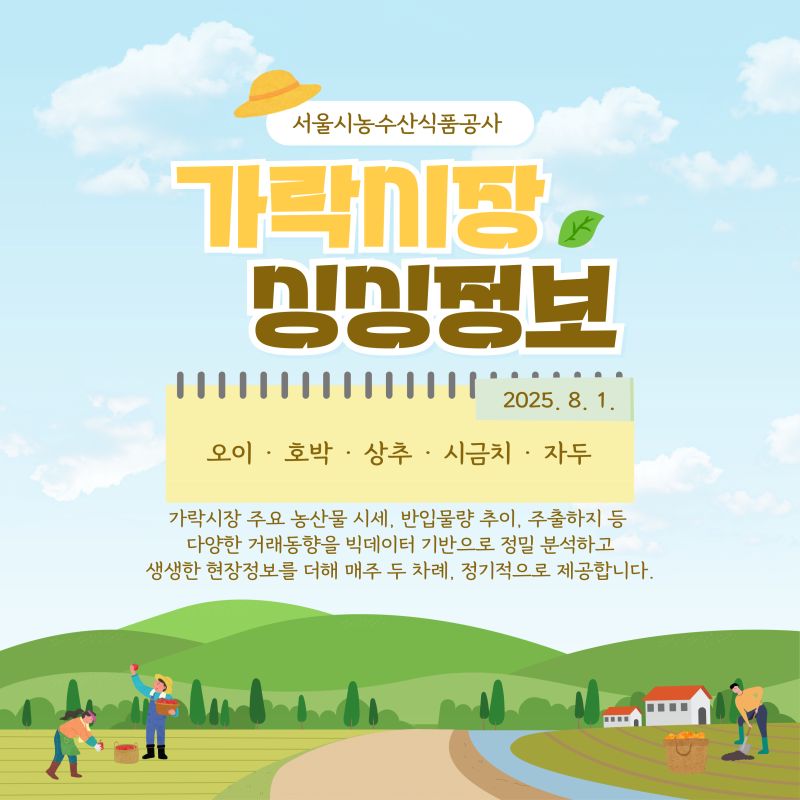 가락시장 싱싱정보 2025. 8. 1. 표지 이미지. 서울시농수산식품공사에서 제공하는 주요 농산물(오이, 호박, 상추, 시금치, 자두) 시세, 반입물량, 거래동향 및 현장 정보를 주 2회 제공함을 알리는 홍보물