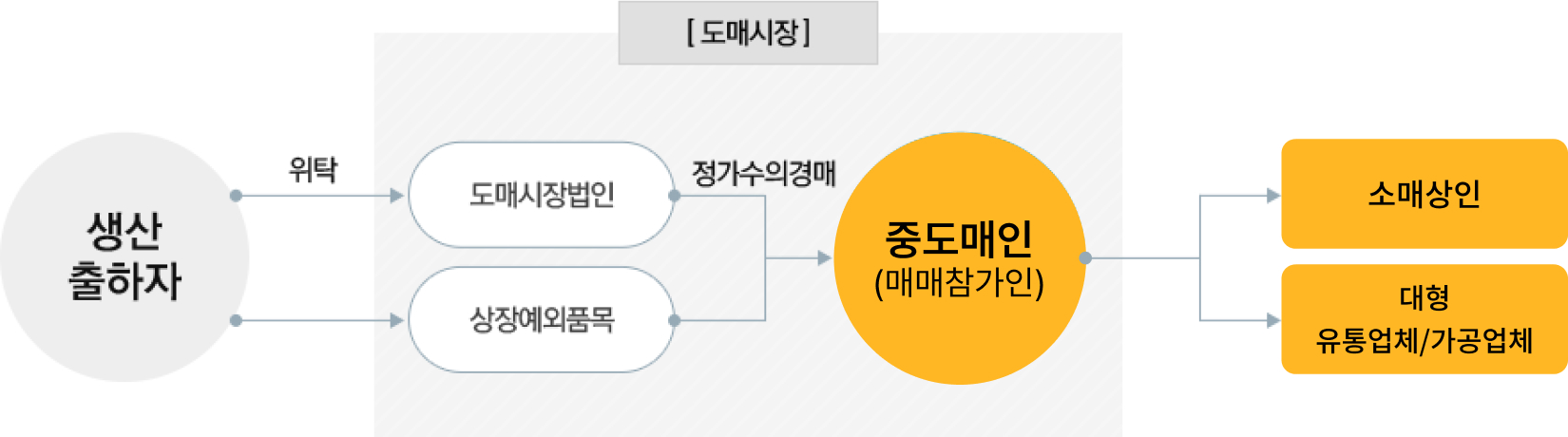 1. 생산출하자는 도매시장의 도매시장법인과 상장예외품목에 위탁. 2. 도매시장법인과 상장예외품목은 정가수의경매를 통해 중도매인(매매참가인)에게 전달. 3.중도매인은 소매상인과 대형 유통업체/가공업체에게 전달.