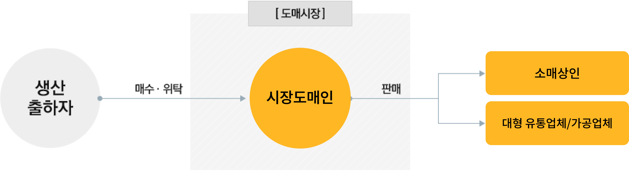 1. 생산출하자는 도매시장의 시장도매인에게 매수및위탁. 2. 시장도매인은 소매상인과 대형 유통업체/가공업체에게 판매