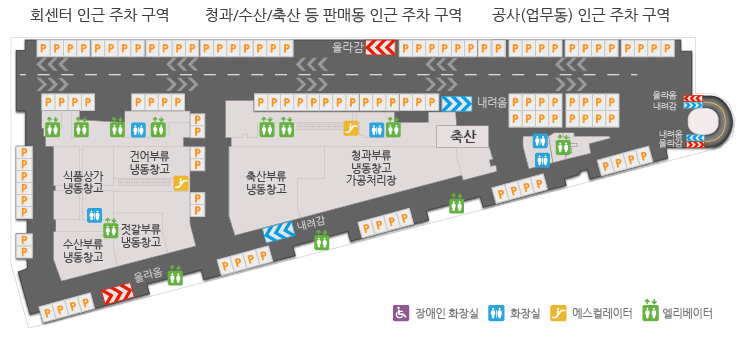 [지하2층 주차장 안내도(승합·화물차 전용 주차장)] 좌측에서 우측순으로 식품상가냉동창고, 수산부류냉동창고, 건어부류 냉동창고, 젓갈부류 냉동창고,축산부류 냉동창고, 청과부류 냉동창고 가공처리장, 축산