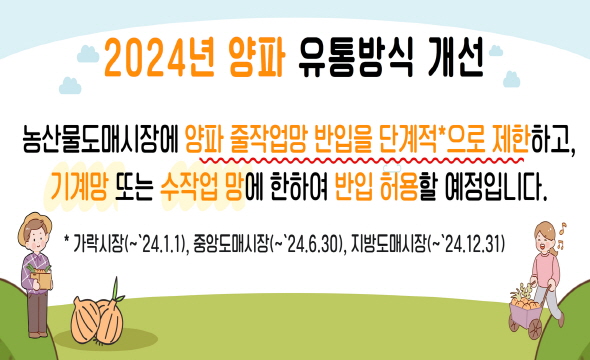 2024년 양파 유통방식 개선 농산물도매시장에 양파 줄작업망 반입물을 단계적으로 제한, 기계망 또는 수작업망에 한하여 반입허용 예정입니다. 가락시장(~24.1.1), 중앙도매시장(~24.6.30), 지방도매시장(~24.12.31)