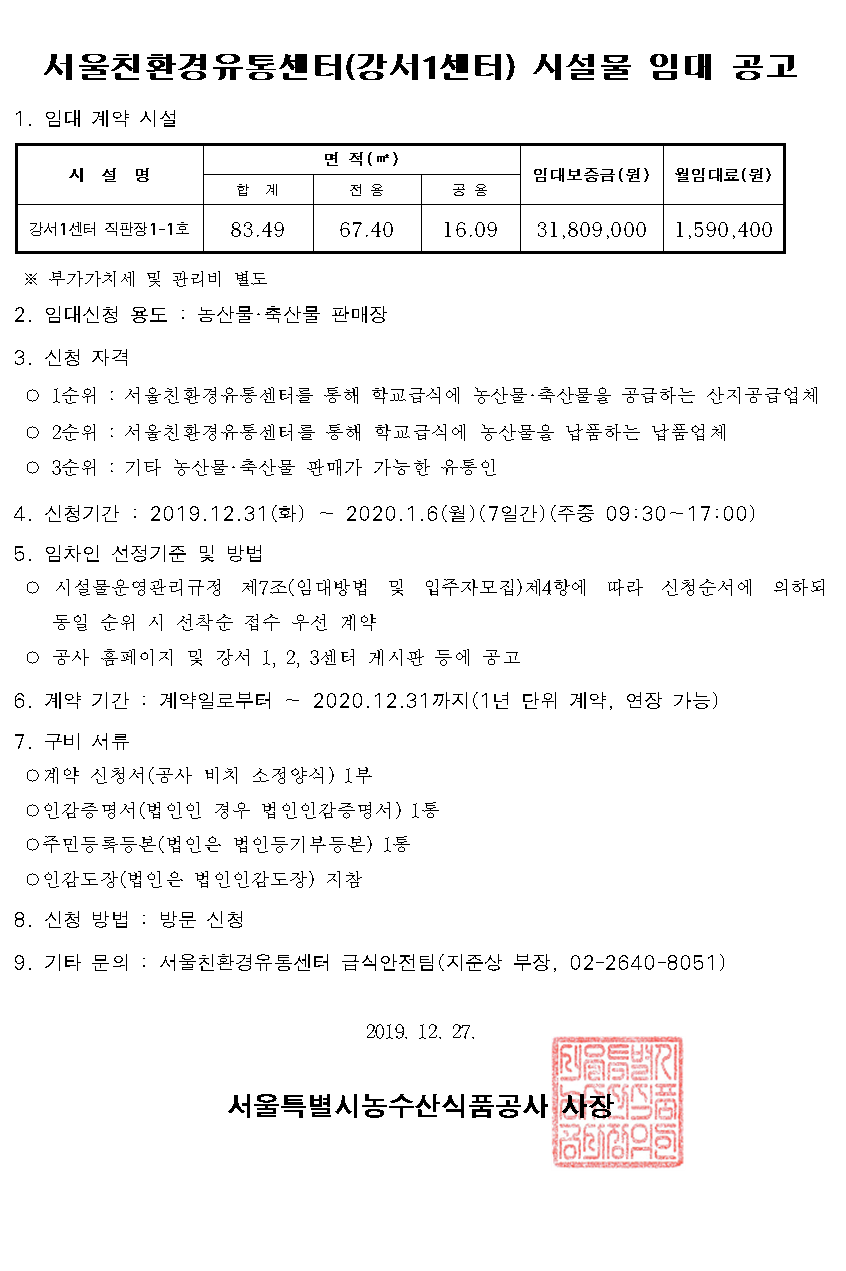 
1. 임대 계약 시설
시설명:강서1센터 직판장1-1호
면적(제곱미터):합계 83.49 / 전용 67.40 / 공용 16.09
임대보증금(원):31,809,000
월임대료(원):1,590,400
※부가세 및 관리비 별도
2. 임대신청 용도 : 농산물？축산물 판매장
3. 신청 자격
1순위 : 서울친환경유통센터를 통해 학교급식에 농산물？축산물을 공급하는 산지공급업체  
2순위 : 서울친환경유통센터를 통해 학교급식에 농산물을 납품하는 납품업체
3순위 : 기타 농산물？축산물 판매가 가능한 유통인
4. 신청기간 : 2019.12.31(화) ～ 2020.1.6(월)(7일간)(주중 09:30～17:00)
5. 임차인 선정기준 및 방법
시설물운영관리규정 제7조(임대방법 및 입주자모집)제4항에 따라 신청순서에 의하되          동일 순위 시 선착순 접수 우선 계약 
/공사 홈페이지 및 강서 1, 2, 3센터 게시판 등에 공고
6. 계약 기간 : 계약일로부터 ～ 2020.12.31까지(1년 단위 계약, 연장 가능) 
7. 구비 서류 
계약 신청서(공사 비치 소정양식) 1부
인감증명서(법인인 경우 법인인감증명서) 1통
주민등록등본(법인은 법인등기부등본) 1통
인감도장(법인은 법인인감도장) 지참
8. 신청 방법 : 방문 신청
9. 기타 문의 : 서울친환경유통센터 급식안전팀(지준상 부장, 02-2640-8051)
2019. 12. 27.
서울특별시농수산식품공사 사장인
